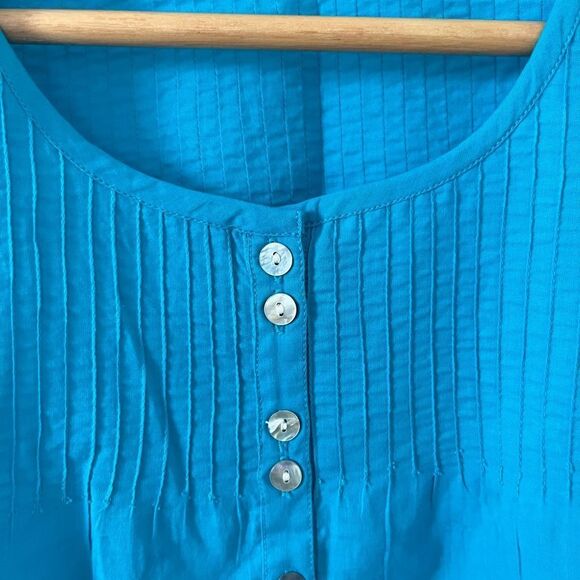 NWOT Fabindia Turquoise Blue Button Down Cap Sleeve 100% Cotton Shirt - Picture 4 of 6